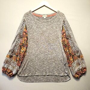One World Boho Patchwork Top Womens XL Gray Floral Leopard Balloon Sleeve Knit